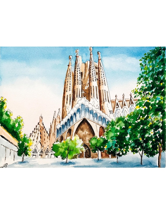 Sagrada Familia Watercolor Painting: Barcelona Travel Art, Gaudi Church Decor Original (9x7")