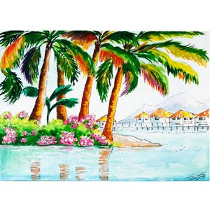Pintura hawaiana, arte tropical de playa: Decoración de pared original en acuarela de 9 x 7 pulgadas