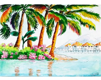 Hawaii Painting Tropical Beach Art: Original Watercolor Wall Decor 9 x 7"