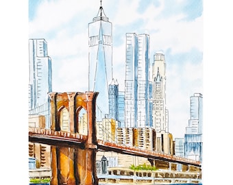 Brooklyn Bridge Watercolor Painting Original: NYC Cityscape Art (9x7")
