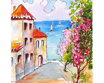 Mediterranean Watercolor Painting: Italy Adriatic Sea Original Art, 8x6"