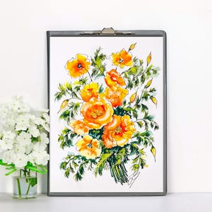 Pintura de amapolas, arte californiano, acuarela original — Flores, decoración de pared, obra de arte pequeña de 8 x 6 pulgadas.
