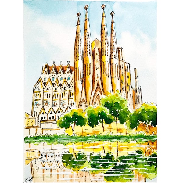 Sagrada Familia Watercolor Painting Original: Spain Barcelona Travel Wall Art, Gaudi Architecture (8x6")