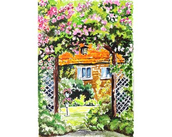 English Cottage Watercolor Painting Original: Garden Landscape Art, 9x7"