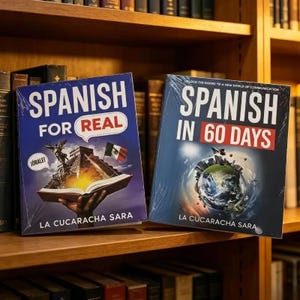 May include: Two books titled Spanish for Real and Spanish in 60 Days by La Cucaracha Sara. The first cover shows an open book with a pyramid and Mexican flag. The second cover features a globe with a city skyline, both wrapped in clear plastic.