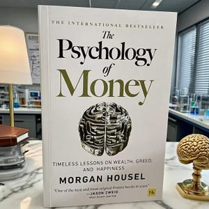 May include: A hardback book titled "The Psychology of Money" with a brain illustration on the cover. The author is Morgan Housel. The cover also includes the text "Timeless Lessons on Wealth, Greed, and Happiness."