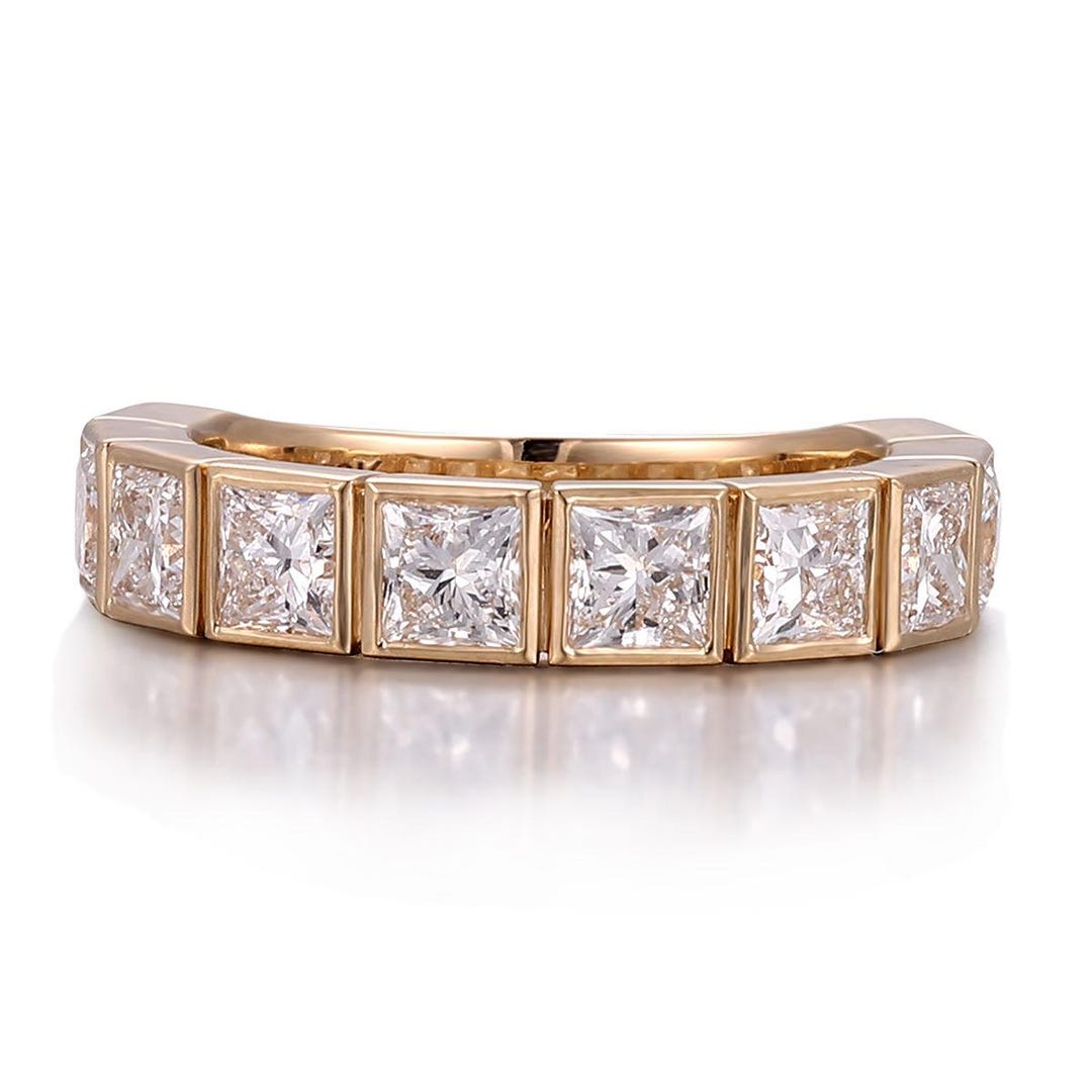Princess Cut Lab Diamond Half Eternity Ring, 10K Yellow Gold Wedding ...