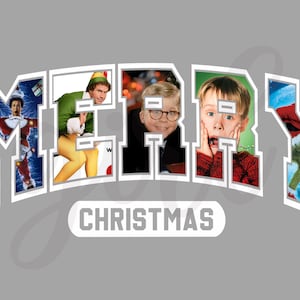 May include: A gray graphic with the word "MERRY" in white outlined letters, each letter containing a different Christmas movie character. The word "CHRISTMAS" is below in a white, rectangular font.