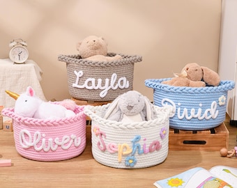 Cesta personalizada hecha a mano • Cesta personalizada con el nombre del niño • Regalo para baby shower • Almacenamiento infantil con cuerda de algodón • Organizador de juguetes