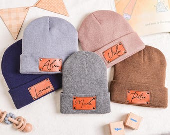 Bonnet brodé personnalisé pour bébé, bonnet pour nouveau-né, chapeaux d'hiver en tricot pour enfants, bonnet unisexe pour tout-petit, cadeau pour une baby shower, cadeau de Noël