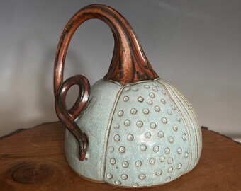 Light Blue Carved Pumpkin With Copper Stem