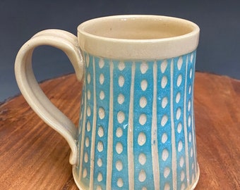 Turquoise and White and Handmade Carved Pottery Mug