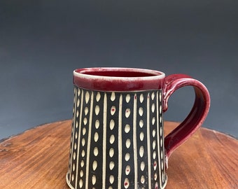 Red and Black Carved Handmade Pottery Mug With a Red Accent Glaze