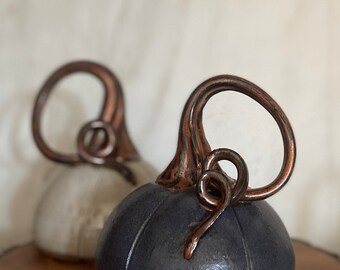 Light Blue Carved Pumpkin With Copper Stem