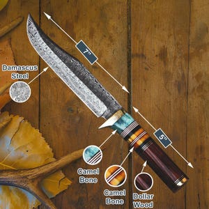 Handmade Damascus Steel Bowie Knife with Leather Sheath| Custom Hunting Knife, Outdoor Camping Blade, Collectible Knife Gift for Him, Father
