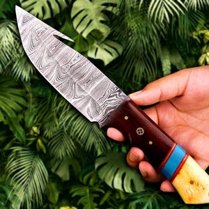 Hand-Forged Damascus Hunting Knife with Leather Sheath | Custom Outdoor Camping Knife, Full-Tang Survival Blade, Collectible Gift for Him