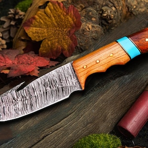 Hand-Forged Damascus Hunting Knife with Leather Sheath | Full-Tang Outdoor Blade, Camping & Survival Tool , Tactical Survival — Gift for Him