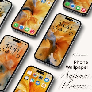 May include: Five smartphones displaying a digital wallpaper featuring orange and yellow abstract floral patterns. The screens show the time 14:41 and date Wednesday 9 September. Text on the right reads 10 pcs pack Phone Wallpaper Autumn Flowers.
