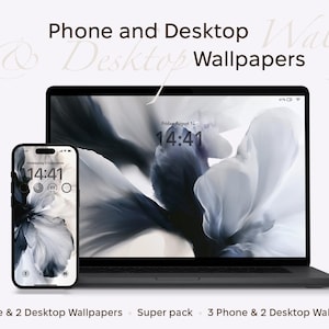 May include: A smartphone and a laptop displaying abstract floral wallpapers in shades of white, gray, and black. The text "Phone and Desktop Wallpapers" appears at the top, and "Super pack - 3 Phone & 2 Desktop Wallpapers" is at the bottom.