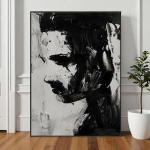 Face I Black and White Abstract Wall Art, Minimalist Portrait Painting, Modern Contemporary Canvas Print for Home Decor