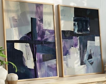 Conjunto de 2 Quadros Decorativos em Tons de Roxo e Cinza | Decoração Abstrata Geométrica Arrojada | Arte Violeta para Casa