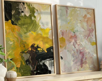 Set of 2 Moss Green & Mustard Wall Art Prints | Earthy Boho Home Decor