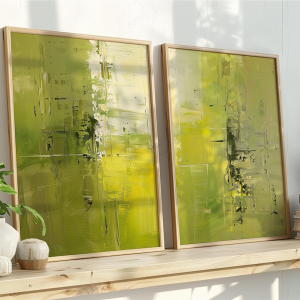 Set of 2 Lime Green & White Abstract Art Prints | Distressed Urban Grunge | Fresh Spring Vibe | Modern Eclectic Wall Decor Set