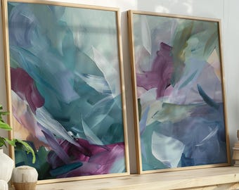 2er Set Salbei grün lila Wandkunst | Weiche Pastellfarben Abstrakter Druck | Ruhe Schlafzimmer Dekor