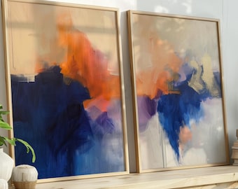 Set of 2 Navy Orange Abstract Wall Art | Bold Sunset Home Decor | Blue Orange Art Print