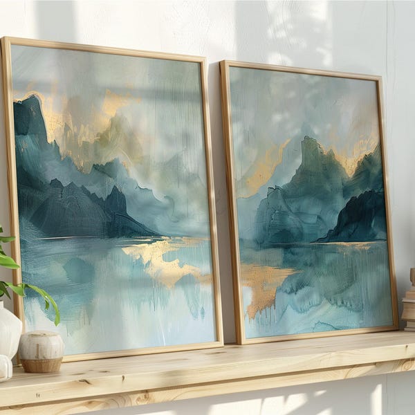 Set of 2 Teal Green & Gold Mountain Art Prints | Abstract Landscape View | Luxury Modern Nature Vibe | Large Wall Decor Set