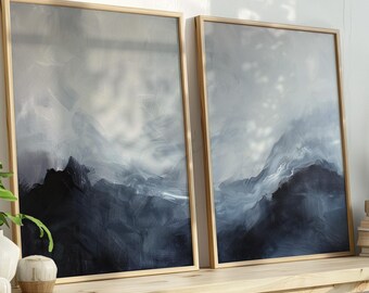 Set of 2 Grey Mountain Wall Art | Moody Landscape Print | Nordic Minimalist Decor