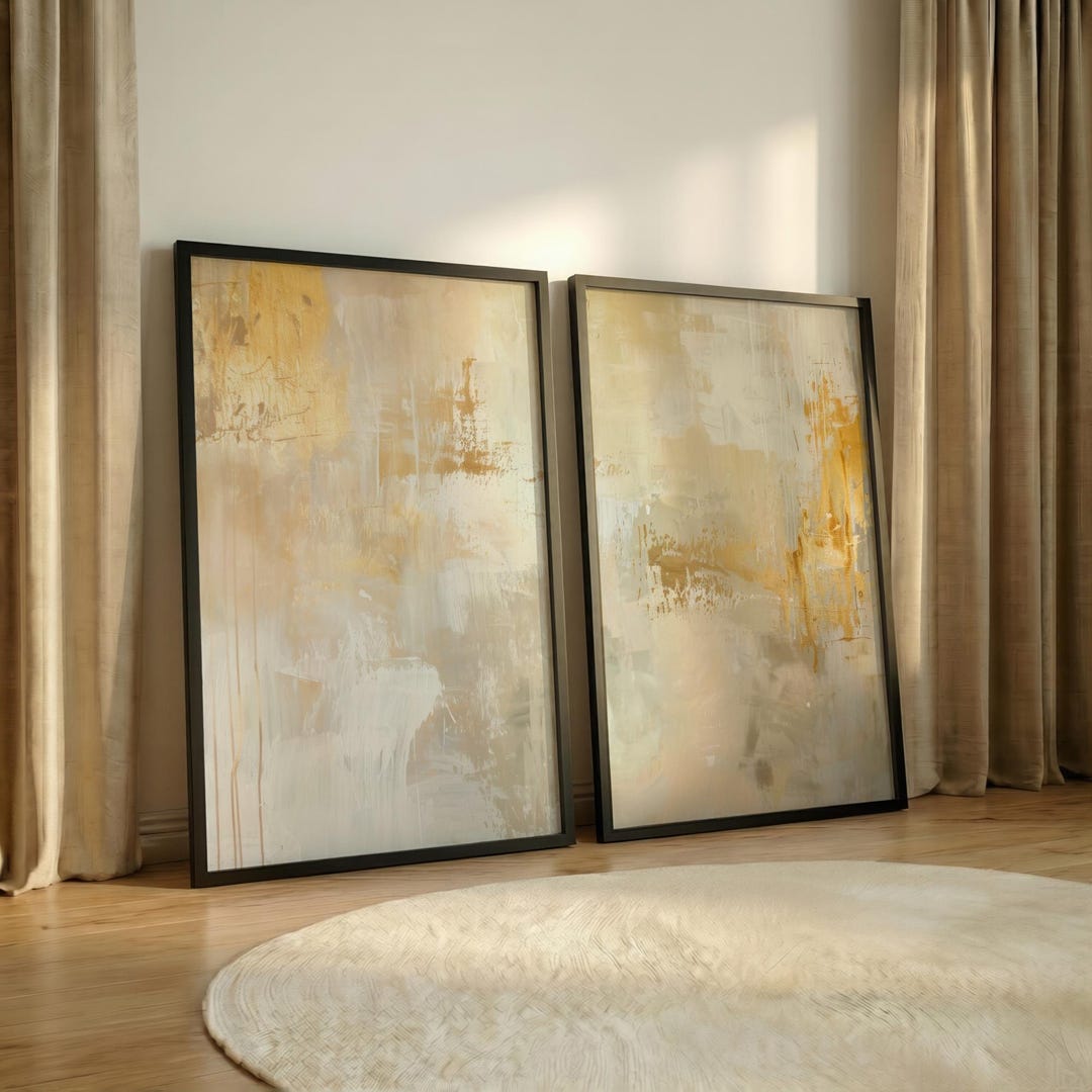 Gold and Beige Abstract Art Prints Set of 2, Hazy Ethereal Wall Decor ...