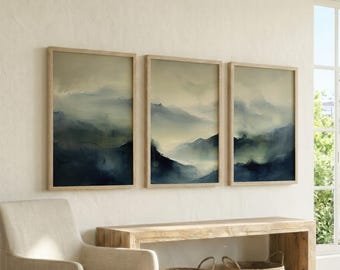 Set med 3 indigoblå salvia- och beigekonsttryck, stämningsfull abstrakt bergssovrumsaffisch, minimalistisk väggkonst med atmosfäriskt landskap