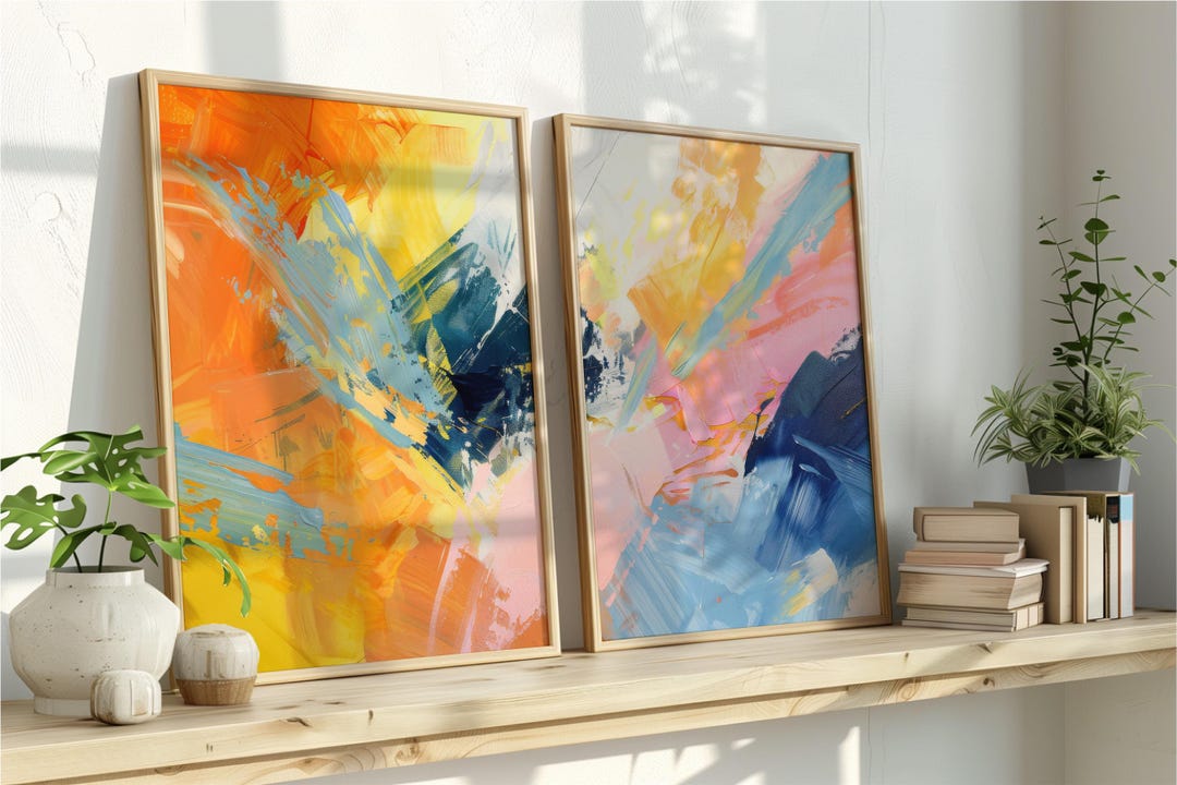Bright Abstract Art Print Set of 2, Yellow and Blue Wall Art, Textured ...