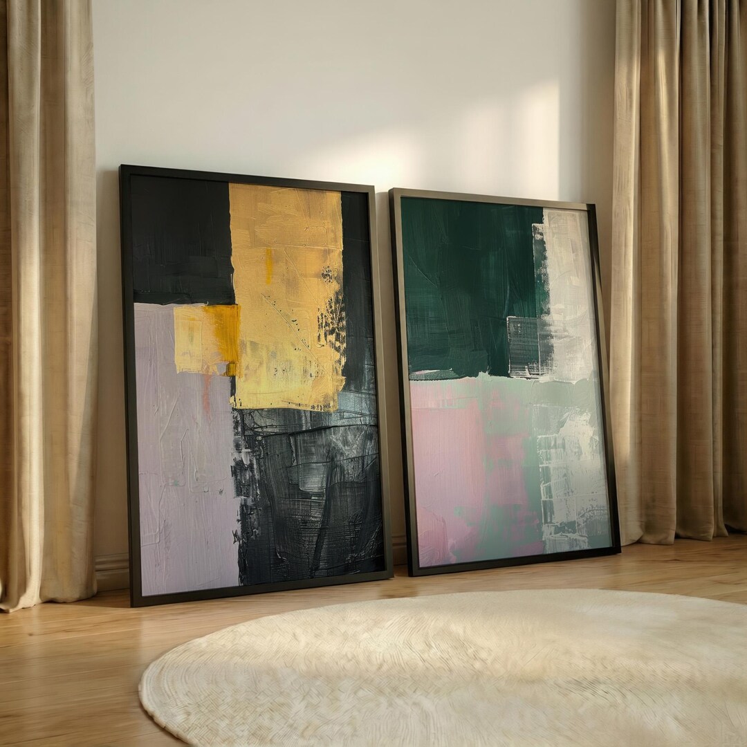 Modern Gold and Black Abstract Set of 2, Color Block Art Prints, Pink ...