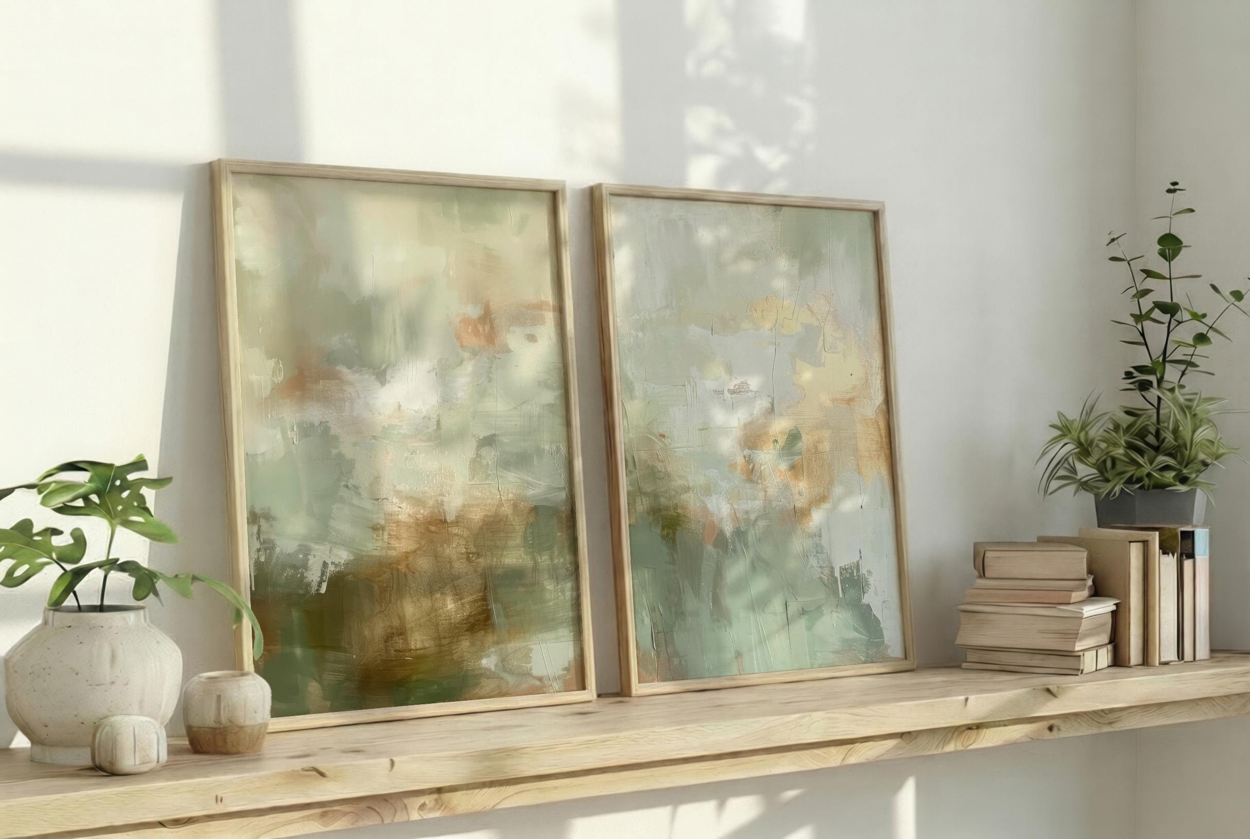 Set of 2 Sage Green & Earthy Abstract Art Prints, Muted Wabi Sabi ...