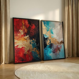 Set of 2 Red Teal Black and Gold Wall Art, Dramatic Abstract Living Room Art Print, Moody Expressive Statement Decor Poster