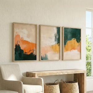 Set of 3 Teal Orange and Mustard Yellow Posters, Expressive Abstract Living Room Wall Art Decor, Bold Statement Contemporary Art Print