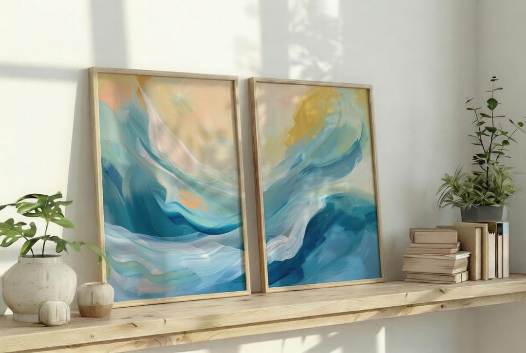 Set of 2 Pastel Yellow & Blue Abstract Art Prints | Soft Fluid Wave ...