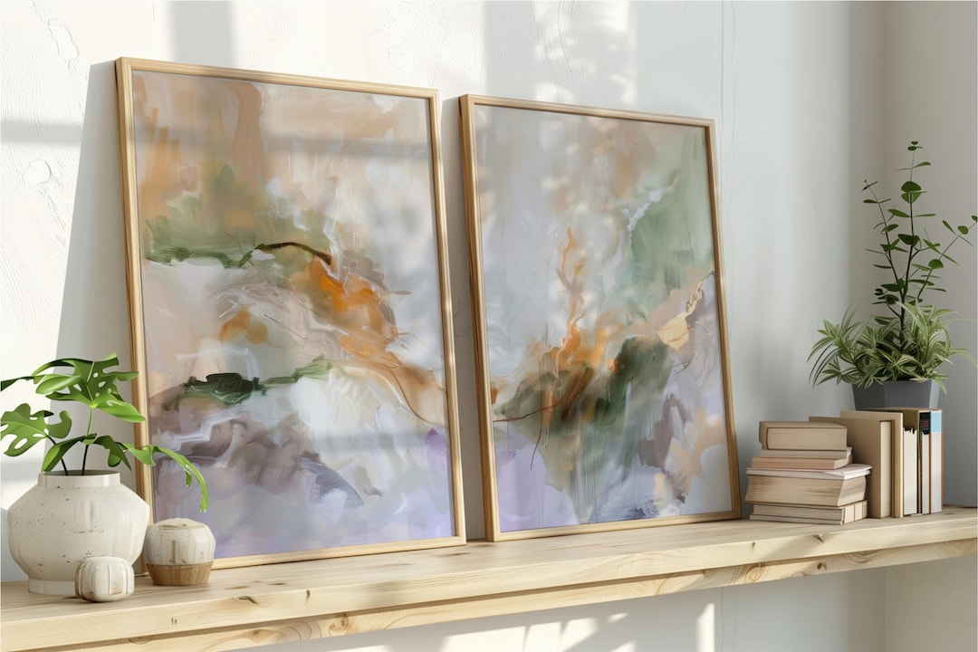 Abstract Earth Tone Wall Art Set of 2, Green Terracotta Painting ...