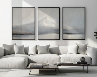 Set von 3 minimalistischen Fuji Ölgemälden | Serene Japanische Landschaft Triptychon | hellbeige grauer Nebel Kunstdrucke | Elegante Zen Wand Dekoration