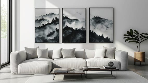 Set of 3 Sumi-e Mountain Landscape Art Prints | Japanese Ink Wash