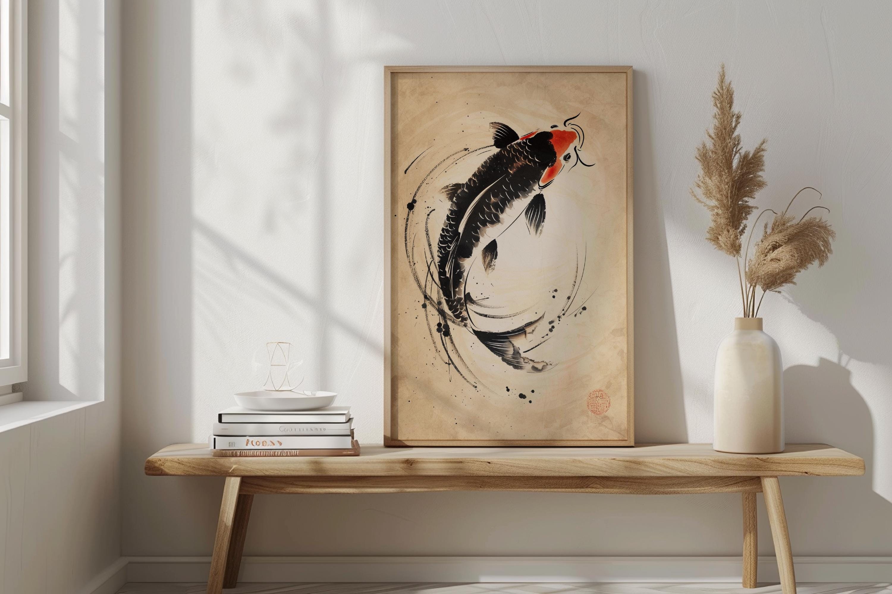 墨絵鯉の版画、日本の禅の水墨画、マットポスター - Etsy 日本