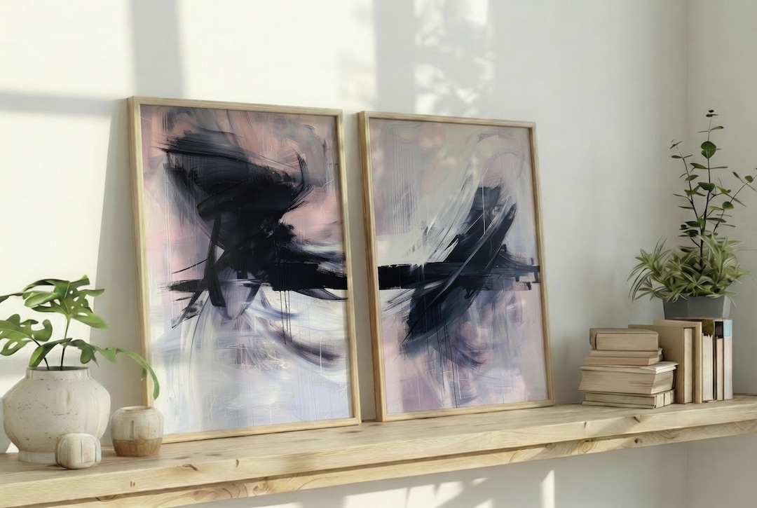 Set of 2 Blush Pink and Black Art Prints | Abstract Expressionist Wall ...
