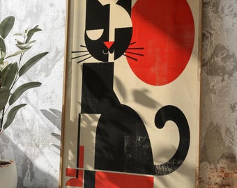 Pôster Bauhaus com impressão de gato | Arte de parede geométrica abstrata com gato | Decoração moderna e divertida em preto, vermelho e creme | Impressão de arte moderna de meados do século