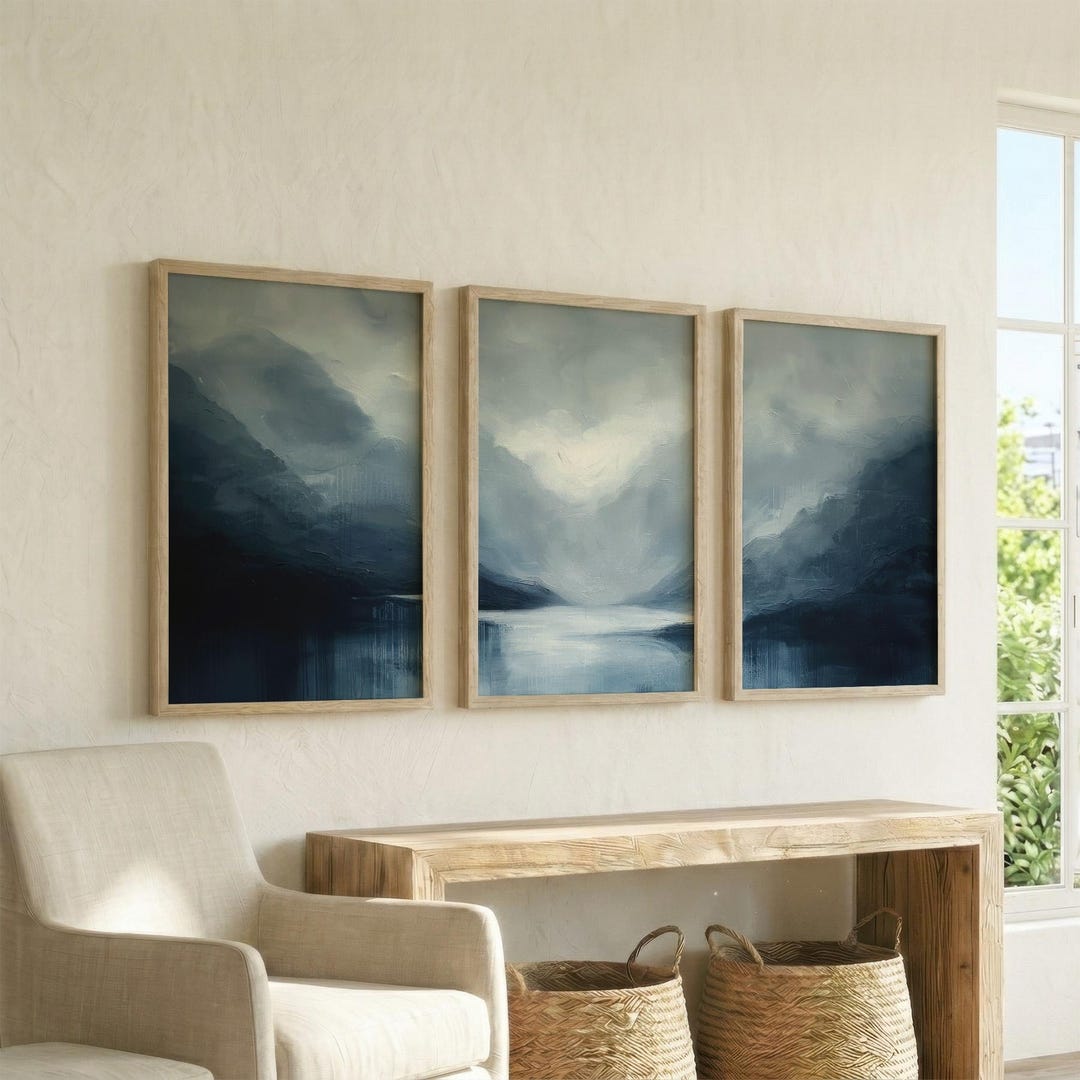 Set of 3 Navy Blue Grey and White Art Prints, Moody Coastal Living Room ...