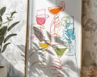 Impressão de arte em linha de coquetel vibrante | Pôster de bebidas coloridas | Decoração de parede de cozinha moderna | Ilustração divertida de carrinho de bar