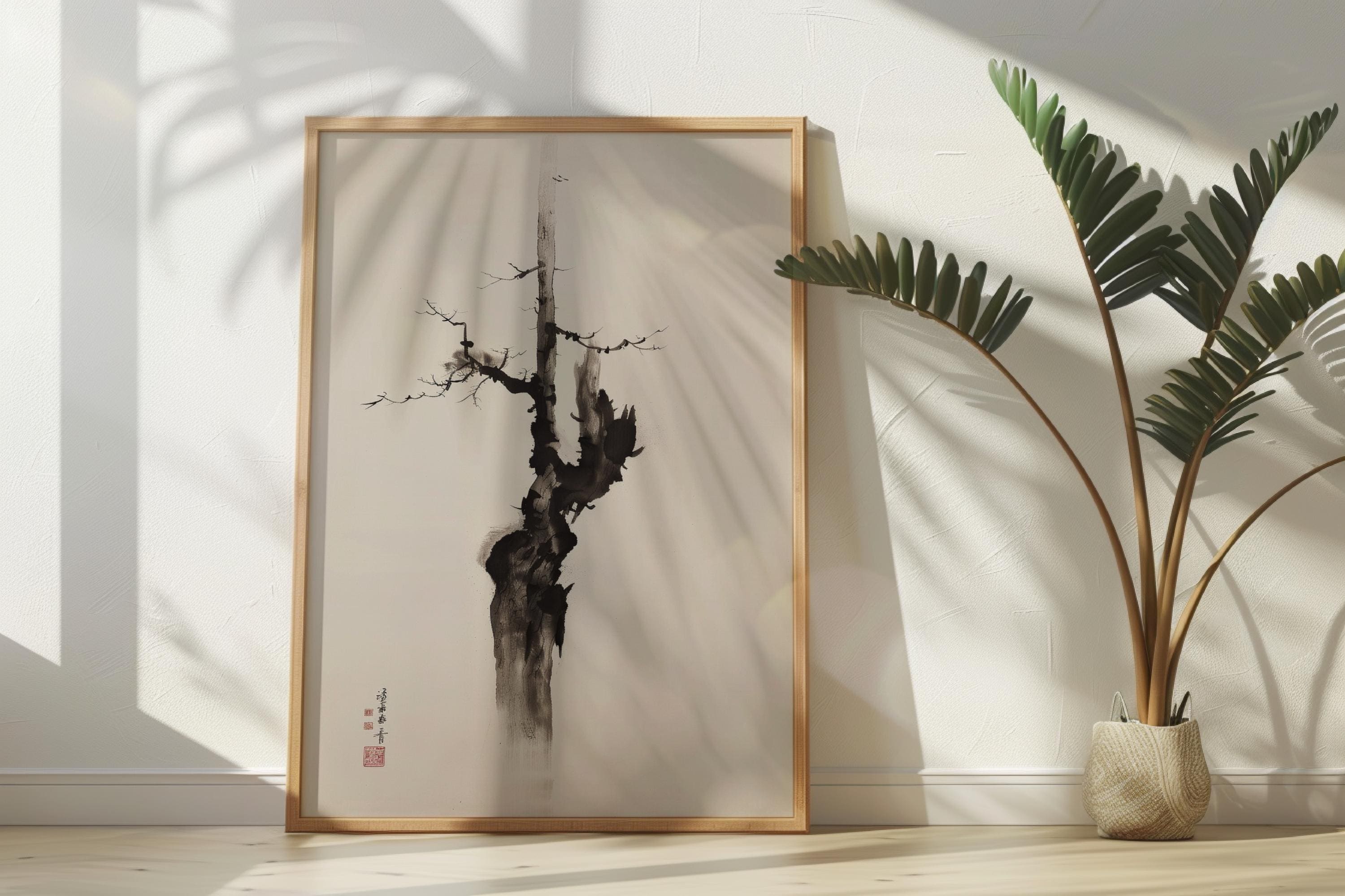 Sumi E Cypress Tree Ink Wash Print, Minimalist Japanese Zen, Matte