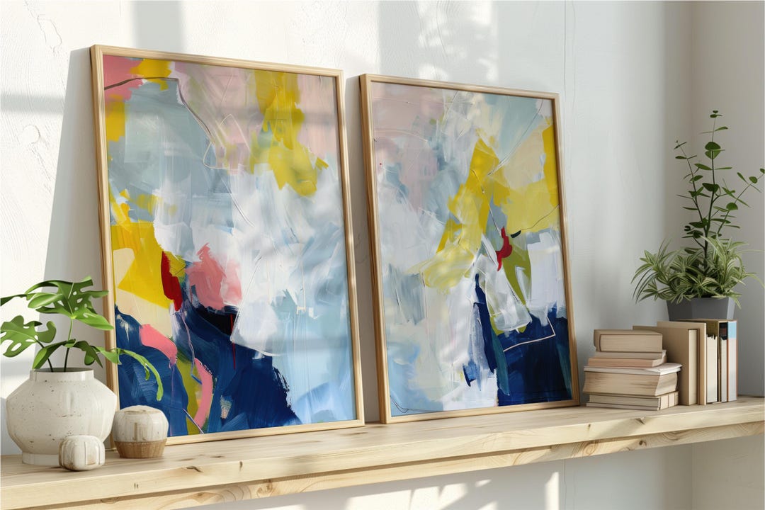 Pastel Abstract Wall Art Set of 2, Soft Yellow and Blue Painting, Airy ...