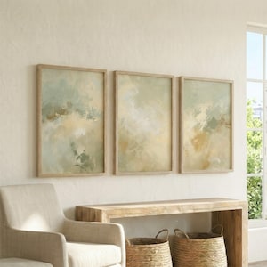 Set of 3 Mint Green Gold and Beige Art Prints, Bohemian Living Room Abstract Poster, Calm Ethereal Cloudscape Wall Art